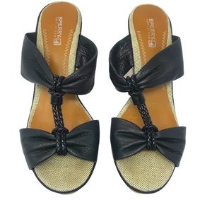 Sperry Shoreham Top Sider Black Wedge Leather Cork Wedge Sandals